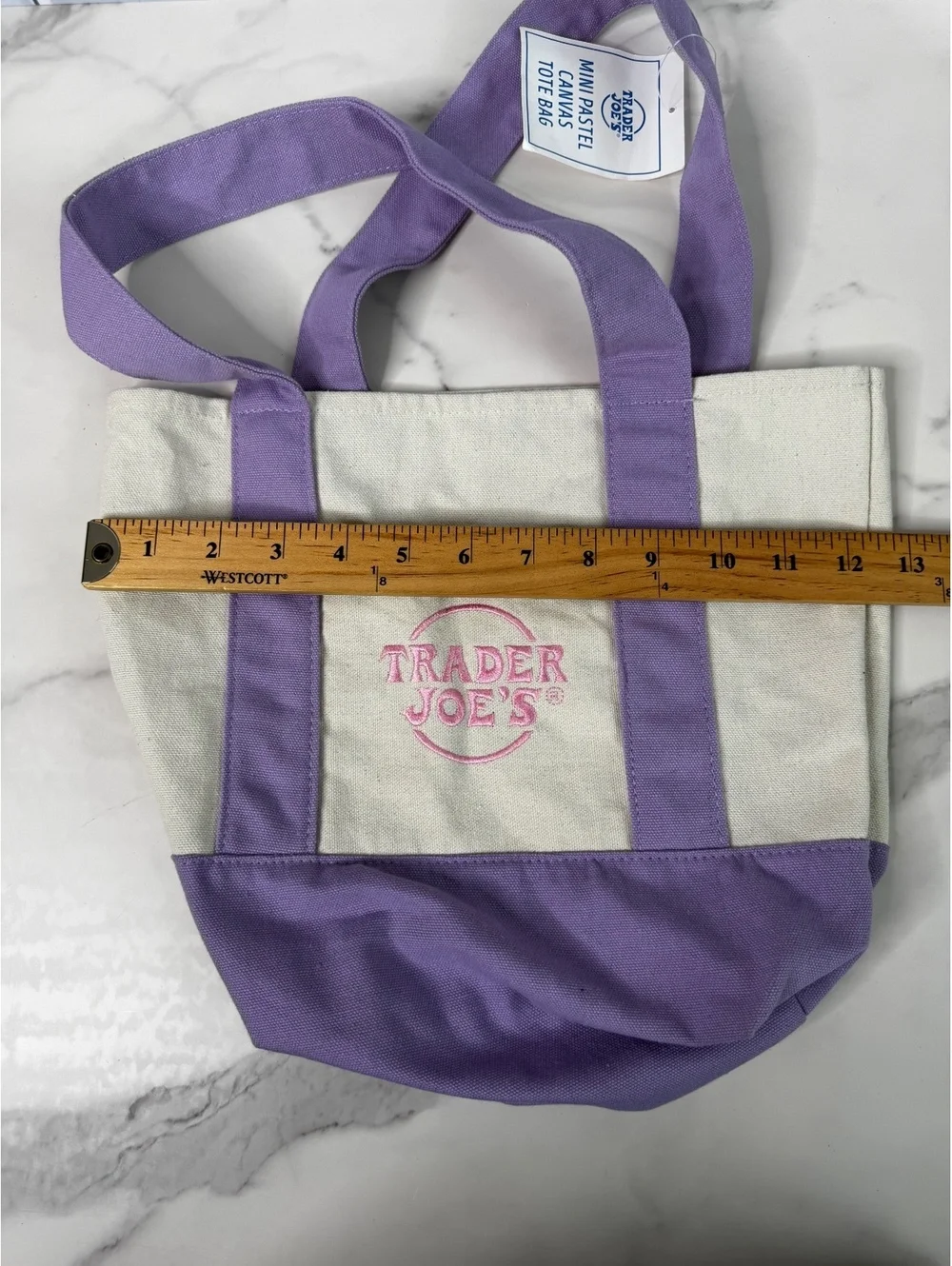 Trader Joe's Mini Pastel Canvas Tote Bag Purple Cream Pink Embroidered Logo NWT